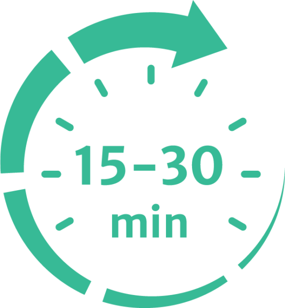 icoon klok met tekst 15 tot 30 minuten